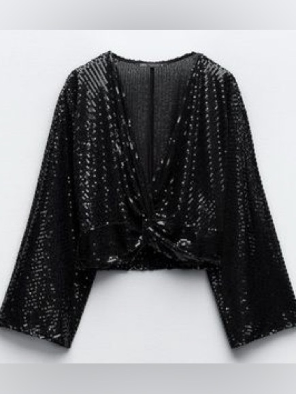 ZARA NWT Black Sequin Festive Fays Twist-Front Long Sleeve Top Size Small
